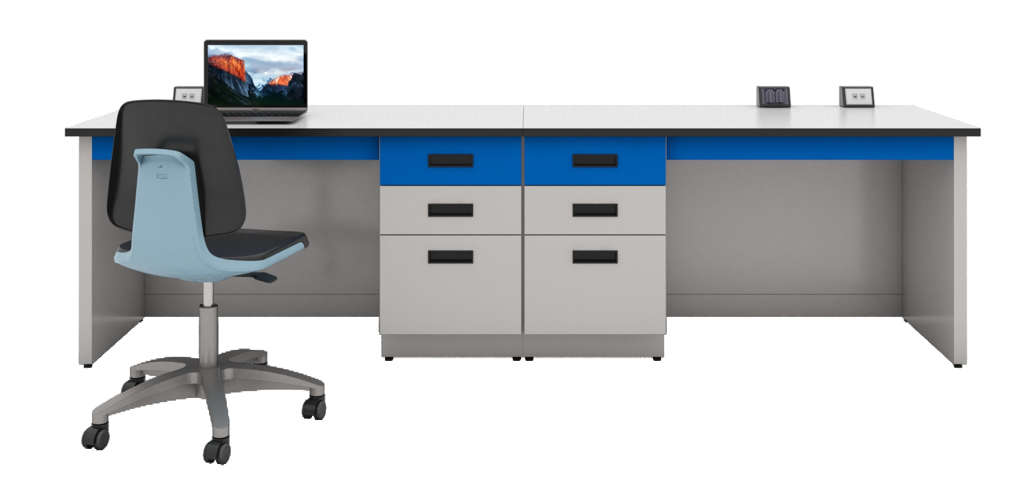 Mesa doble de reporteo para laboratorio, con cubierta de laminado plástico, gabinetes con cajones y amplios espacios de trabajo ergonómicos